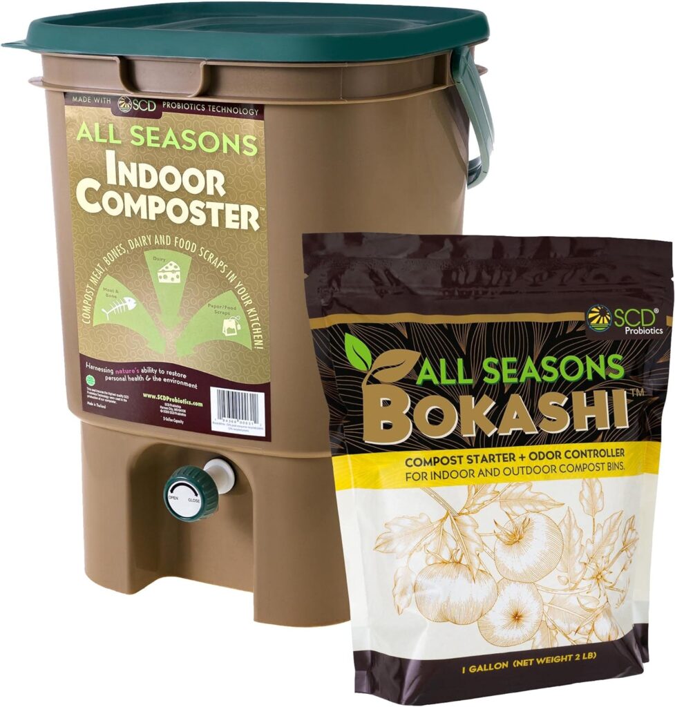 All Seasons Indoor Composter Kit, 5-Gallon Dark Tan Countertop Kitchen Compost Bin with 2 lbs. (1 Gallon) of Bokashi - Easily Compost in Your Kitchen After Every Meal by SCD Probiotics