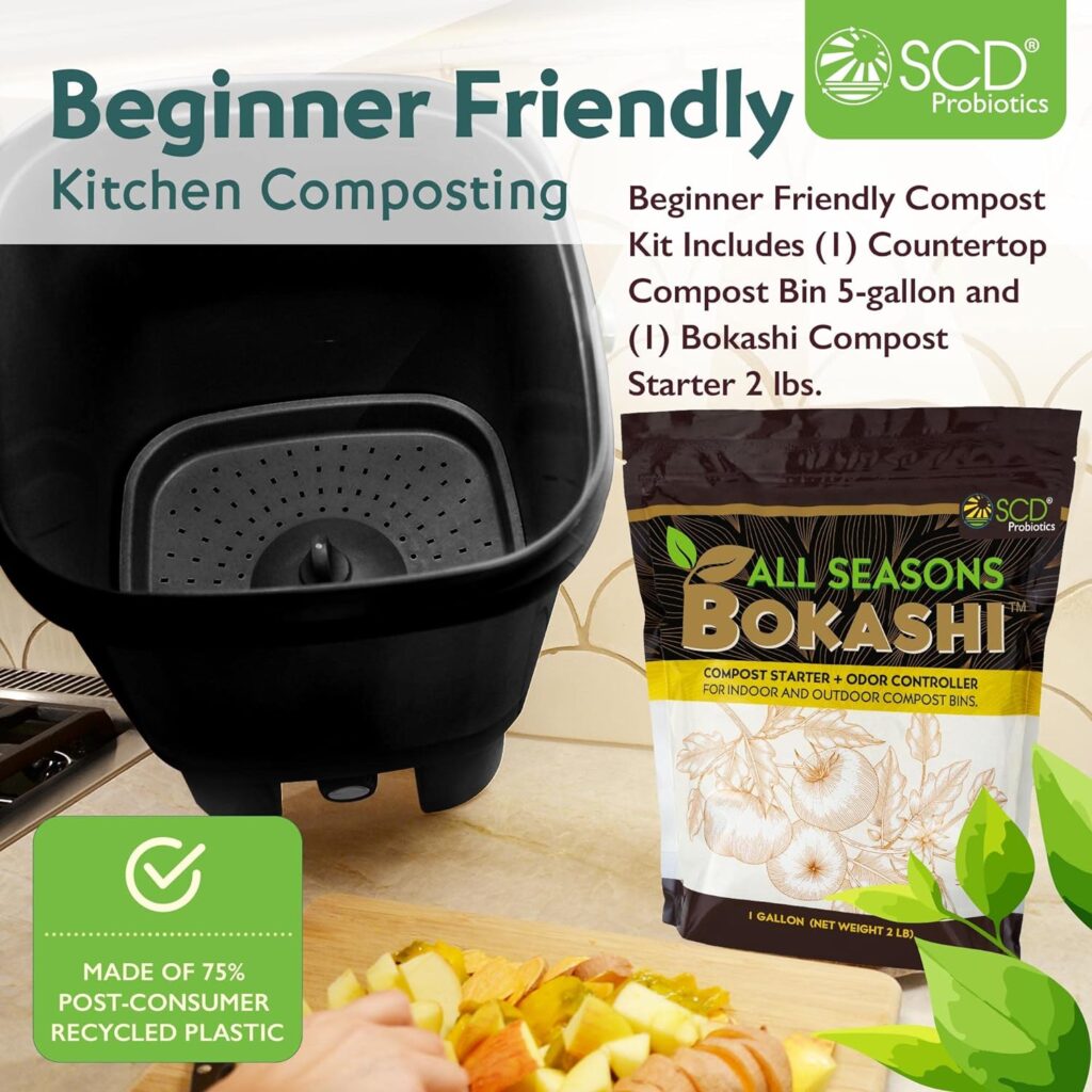 All Seasons Indoor Composter Kit, 5-Gallon Dark Tan Countertop Kitchen Compost Bin with 2 lbs. (1 Gallon) of Bokashi - Easily Compost in Your Kitchen After Every Meal by SCD Probiotics