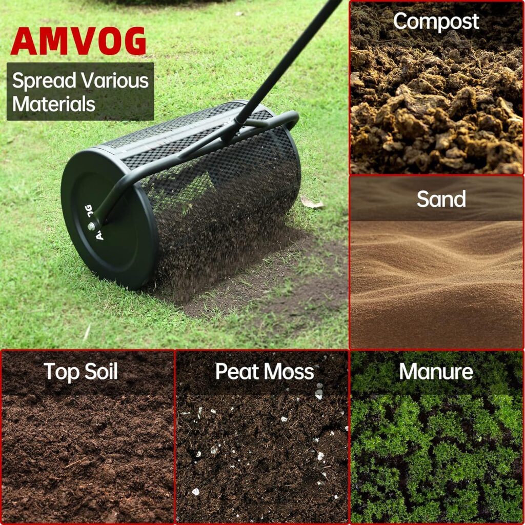 AMVOG 24 Inch Compost Spreader Peat Moss Manure Spreader Heavy Duty Metal Mesh Basket Push with T Shaped Handle for Planting Seeding,Lawn Garden Care