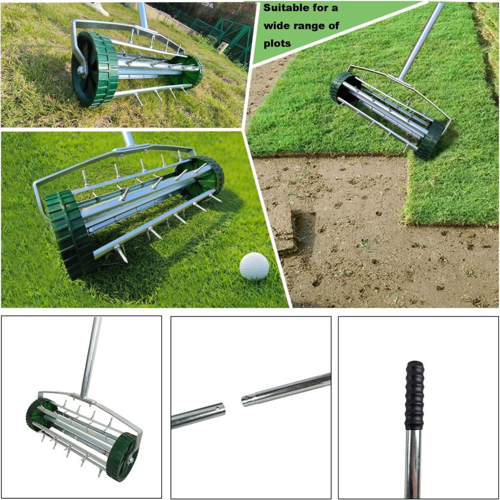 ASTAMOTOR 24 Inch Compost Spreader Metal Mesh Basket for Grass Seed Lawns Manure Fertilizer 16.5 Inch Lawn Aerator Tool with Spikes and 50 Inch Handle Set