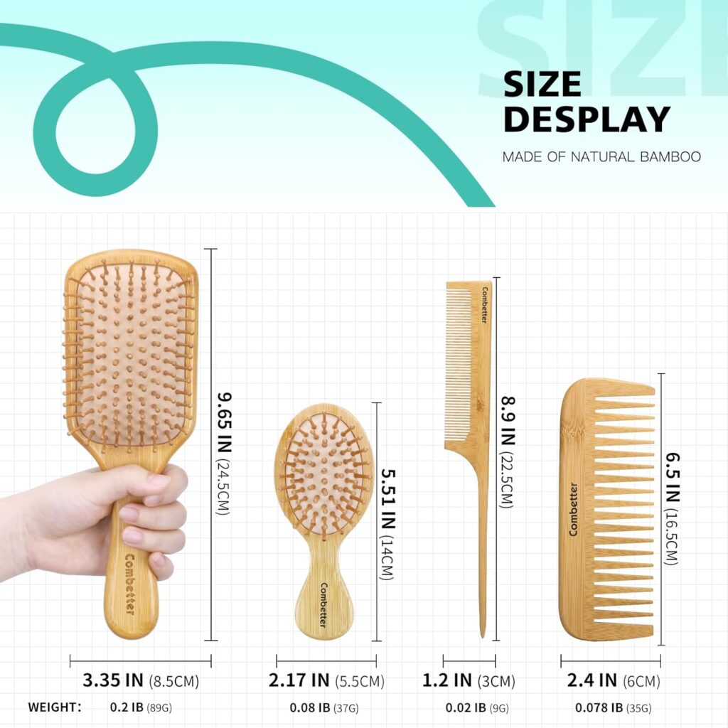 Combetter Bamboo Hairbrush and Comb Set - Eco-Friendly Natural Paddle Detangler Hairbrush with Scalp Massage, Perfect for Women, Men, and Kids, Reducing Frizz and Promoting Healthy Hair Growth