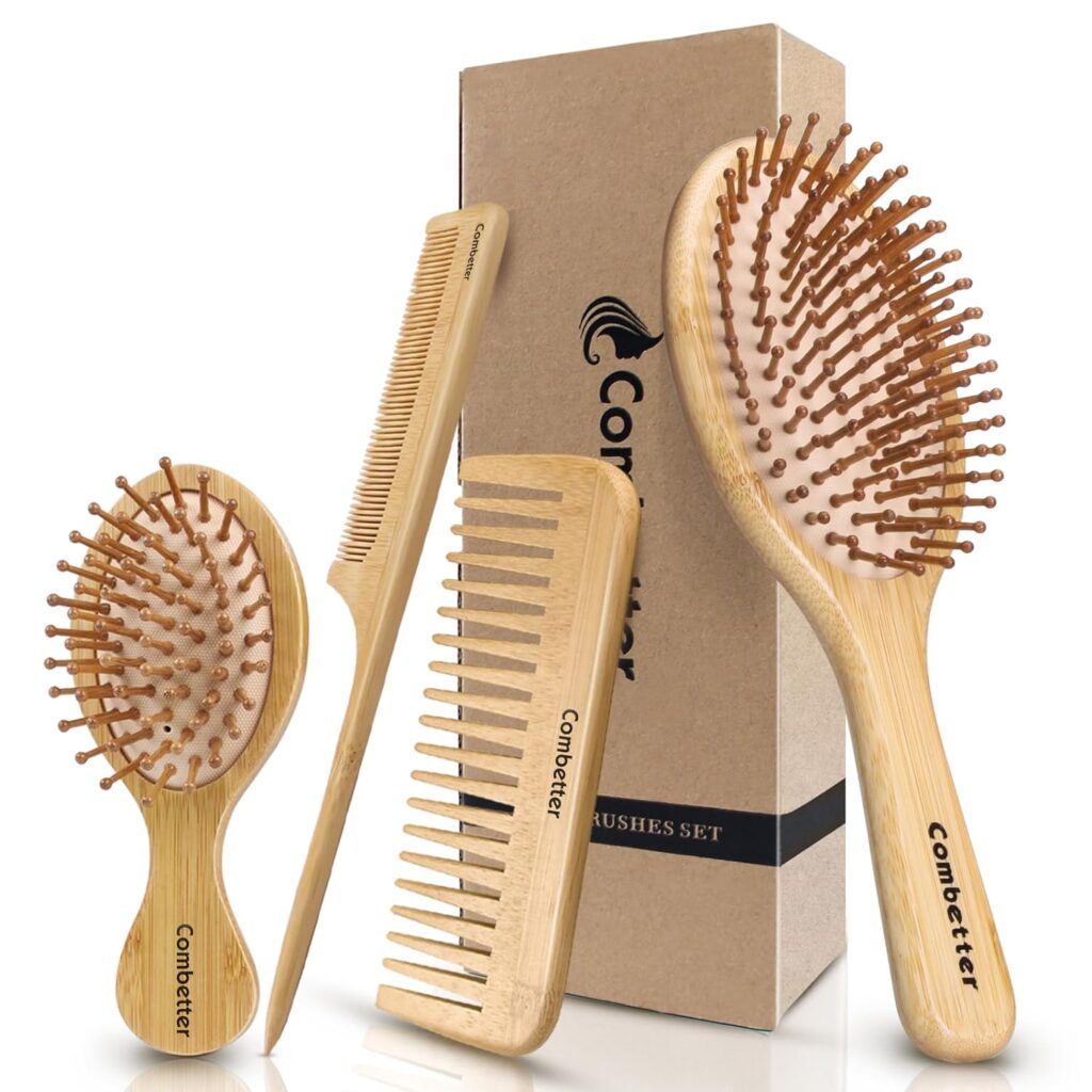 Combetter Bamboo Hairbrush and Comb Set - Eco-Friendly Natural Paddle Detangler Hairbrush with Scalp Massage, Perfect for Women, Men, and Kids, Reducing Frizz and Promoting Healthy Hair Growth