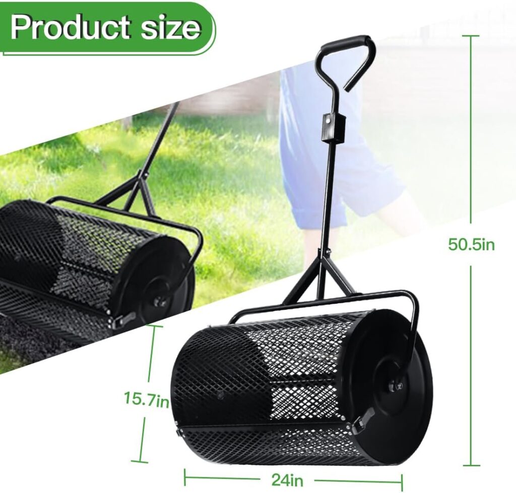 Compost and Peat Moss Spreader, 24 Inch Lawn Garden 2 in 1 Push and Tow Behind Top Soil, Dirt, Manure Roller Spreaders, Durable Lightweight Yard Care Metal Mesh Basket Push Spreader