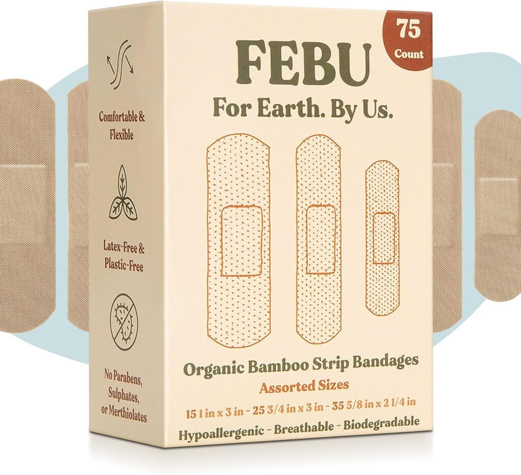 FEBU Eco-Friendly Organic Bamboo Fabric Bandages for Sensitive Skin | Flexible Latex Free Bandages | Natural Hypoallergenic Bandages for Scrapes, Cuts First Aid | 75 Count Variety Pack