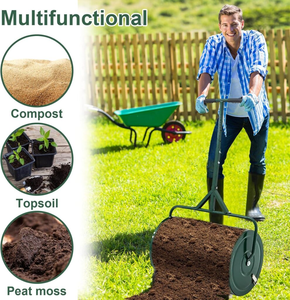 Hiboom Peat Moss Compost Spreader for Lawn Garden, Top Soil, Dirt, Roller Seed Drop Spreaders with Adjustable T Shaped Handle Lightweight Metal Mesh Push Spreader for Yard (Green,15.7 x 24 Inch)