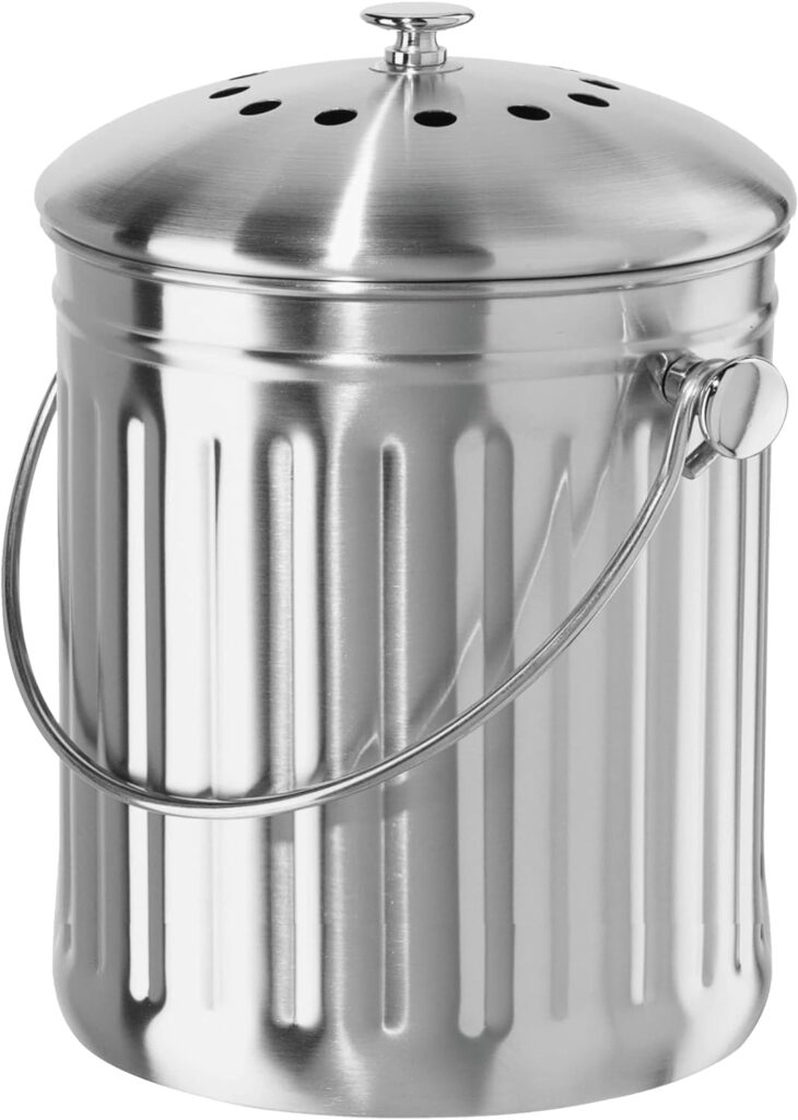 Oggi Countertop Compost Bin with Lid-1 Gallon Indoor Compost Bin Charcoal Filter, Stainless Steel Compost Container, Ideal Kitchen Compost Pail, Eco Friendly Products, (7320)