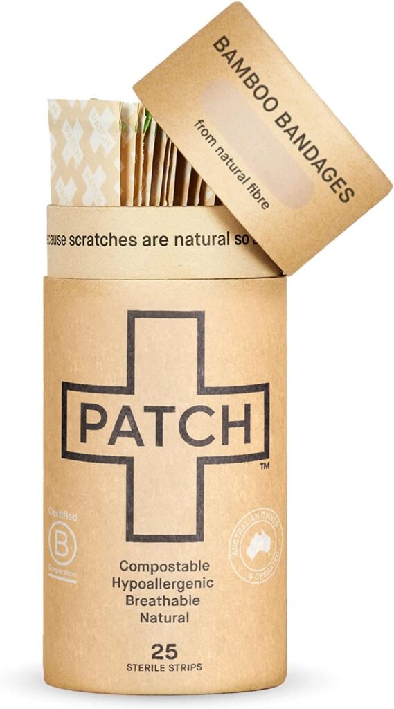 PATCH Eco-Friendly Bamboo Bandages for Cuts Scratches, Hypoallergenic Wound Care for Sensitive Skin - Compostable Biodegradable, Latex Free, Plastic Free, Zero Waste, Natural, 25ct