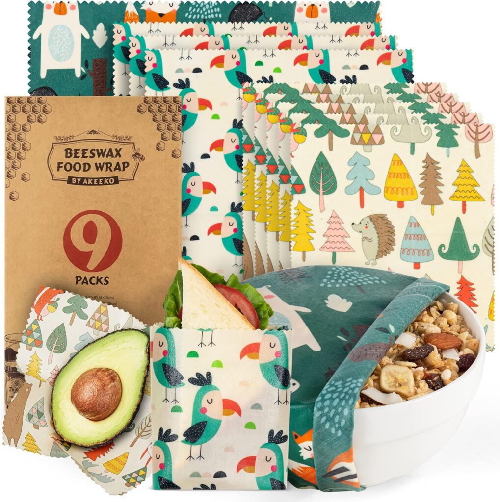 Reusable Food Wraps w/Beeswax Assorted 9 Packs - Eco-Friendly Reusable Wraps, Biodegradable, Zero Waste, Organic, Sustainable, Plastic-Free Food Storage, 5S, 3M, 1L w/Plants and Boho Birds Pattern
