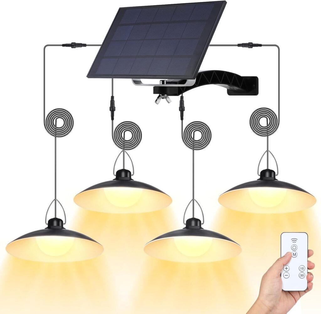 Solar Pendant Lights Outdoor IP65 Waterproof,4 Heads Solar Powered Shed Lights with On Off Remote Switch,Dimmable Dusk to Dawn Solar Indoor Lights for Shed,Patio,Garage,Chicken,Camp,Gazebo,Shop