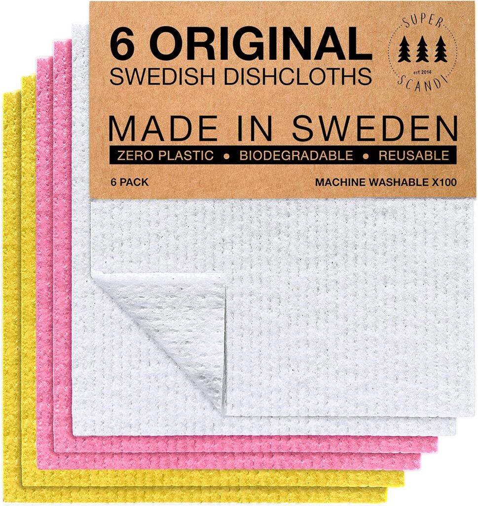 SUPERSCANDI Swedish Dishcloths Eco Friendly Reusable Sustainable Biodegradable Cellulose Sponge Cleaning Cloths for Kitchen Dish Rags Washing Wipes Paper Towel Replacement (6 Pack Assorted Colors)