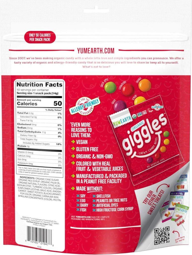YumEarth Organic Fruit Flavored Giggles Chewy Candy Bites, 10-0.5 oz. Snack Packs, Allergy Friendly, Gluten Free, Non-GMO, Vegan, No Artificial Flavors or Dyes