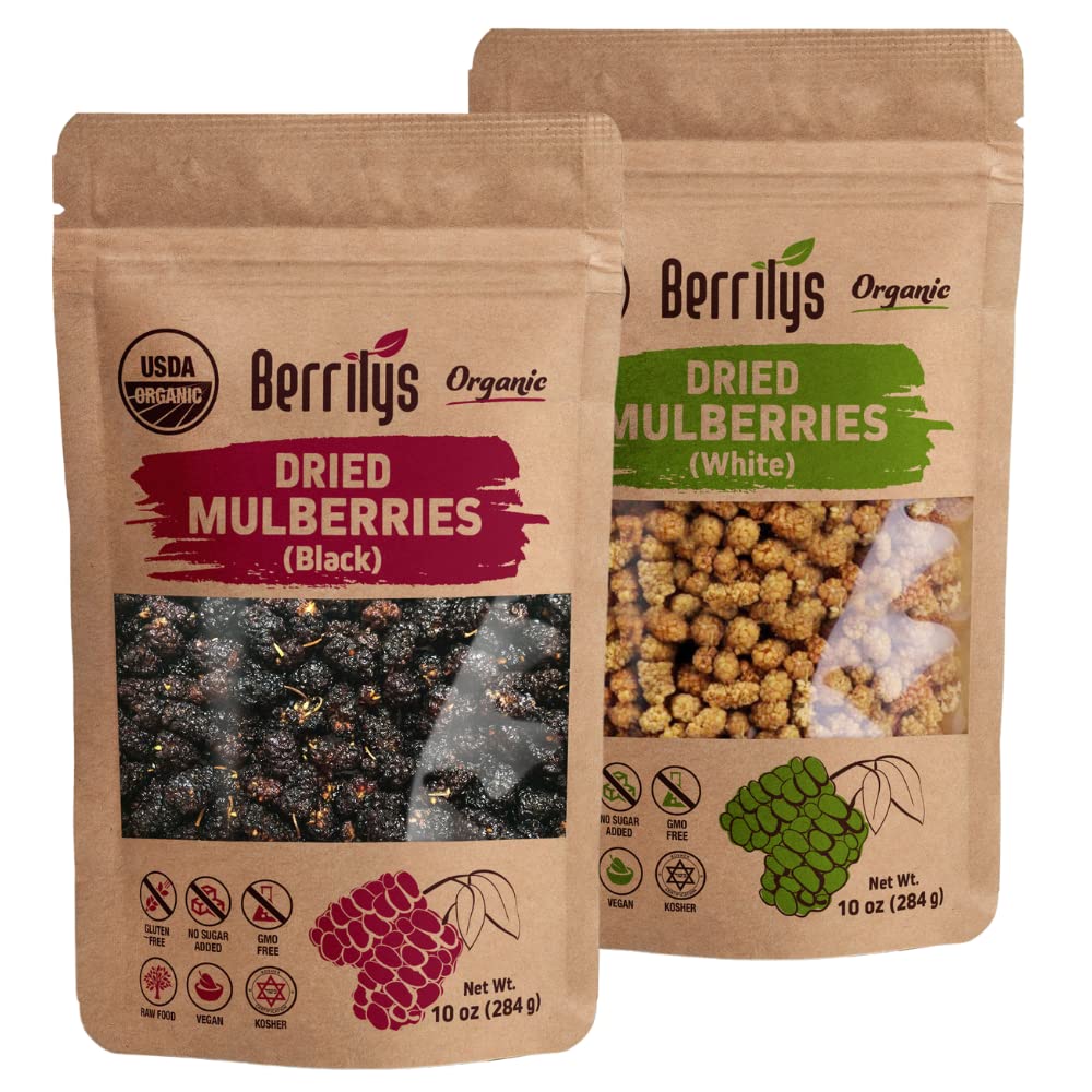 Berrilys Organic Dried White and Black Mulberries 2 Pack Bundle [2x10 oz], Gluten-Free, Vegan, Non-GMO, Raw