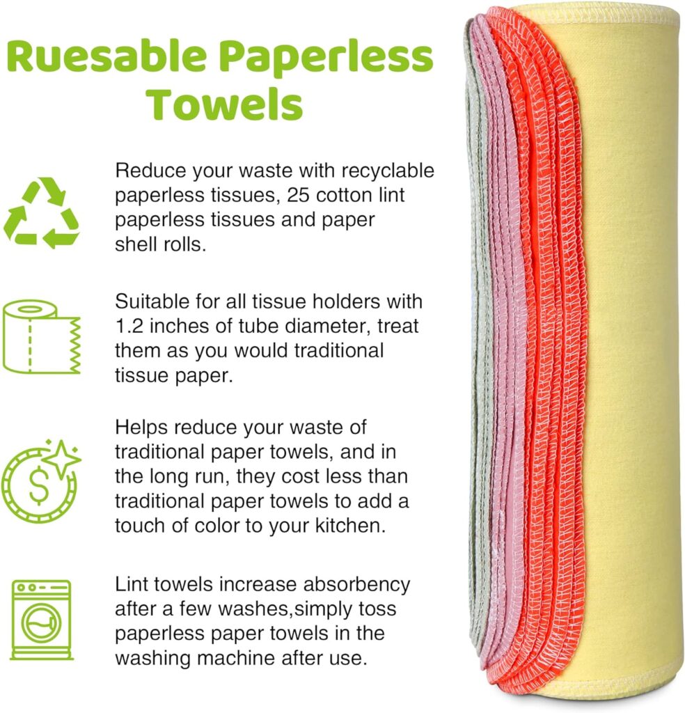 Mikccer Reusable Paper Towels Roll, 25 Packs Eco Friendly Washable Cotton Flannel Paper Towels, w/Cardboard Roll, 10 X 10in Super Soft, Absorbent, Fits on All Holders Kitchen Cloths Paper Towels