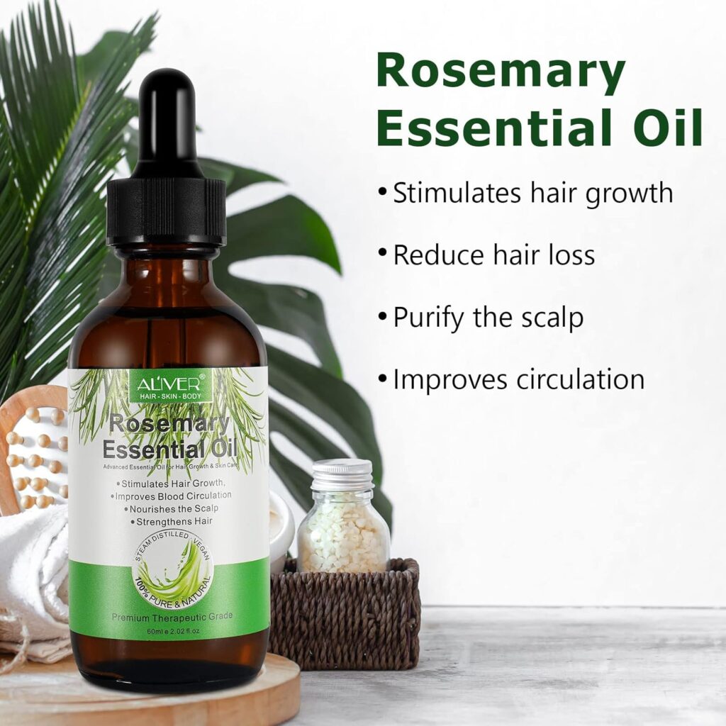 Rosemary Essential Oil for Hair Growth, 100% Pure Organic Rosemary Oil for Eyebrow and Eyelash, Nourishes The Scalp, Improves Blood Circulation,Rid of Itchy Dry Scalp, Hair Loss Treatment 60ML