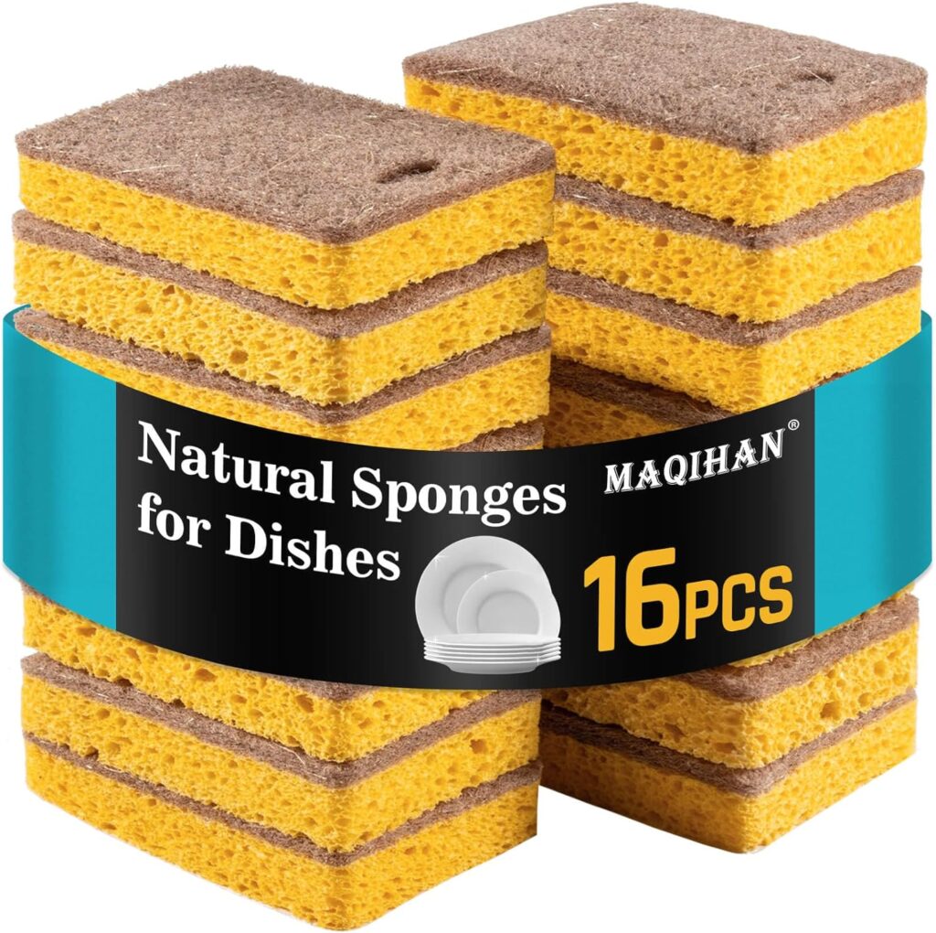 MAQIHAN 16PCS Natural Sponges for Dishes - Biodegradable Sponges Kitchen Eco Friendly Dish Sponge Non-Scratch Sponges for Cleaning Kitchen
