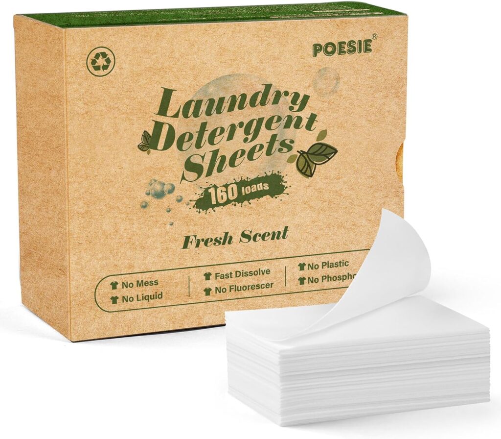 Poesie Laundry Detergent Sheets Fresh Scent Eco-Friendly 160 Sheets Clear Plastic-Free Hypoallergenic Liquid Less Washing Sheets for Home Dorm Travel Camping Hand Washing Clean No Waste