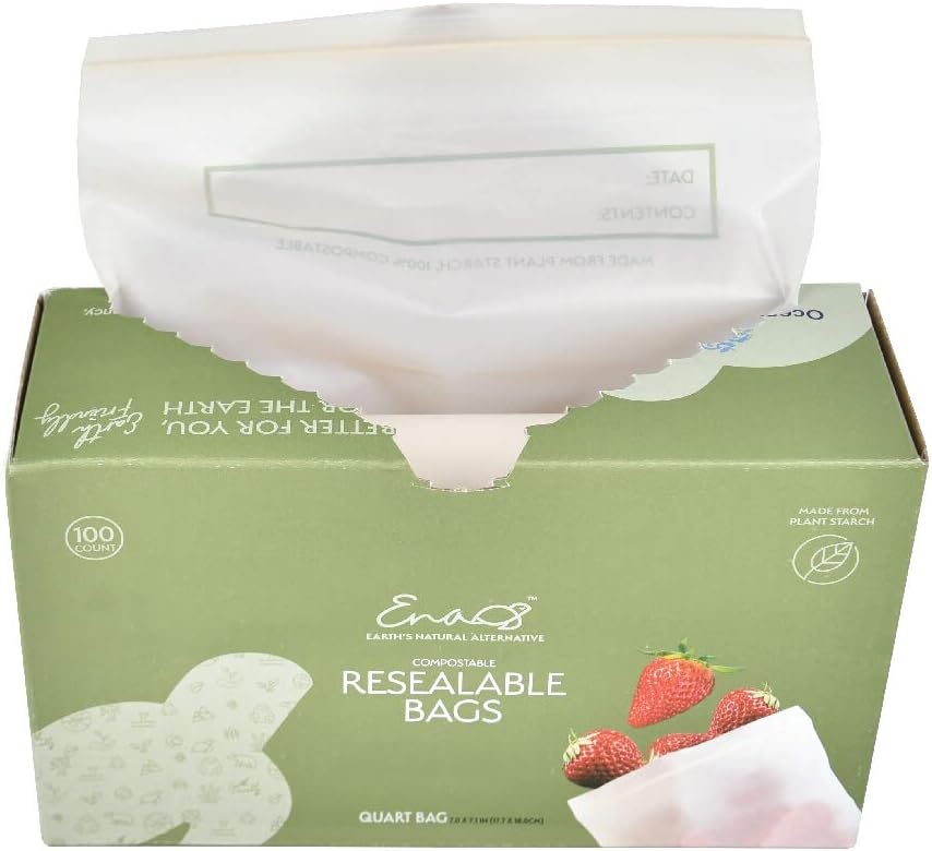 100% Compostable Food Storage Bags [Quart 100 Pack] Eco-Friendly Freezer Bags, Resealable Bags, Heavy-Duty, Reusable, Off-White by Earths Natural Alternative