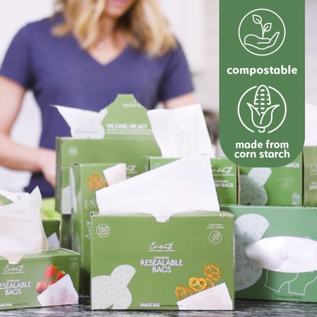 100% Compostable Food Storage Bags [Quart 100 Pack] Eco-Friendly Freezer Bags, Resealable Bags, Heavy-Duty, Reusable, Off-White by Earths Natural Alternative