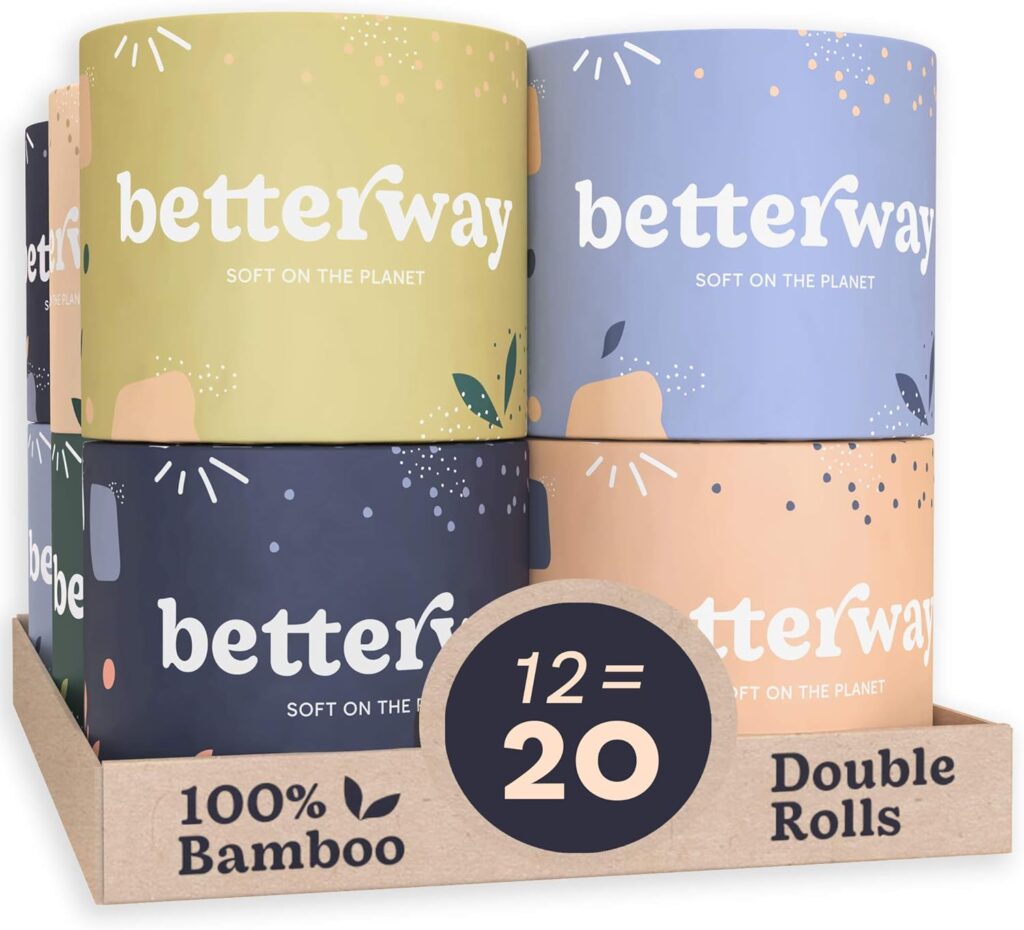 Betterway Bamboo Toilet Paper 3 Ply - Sustainable Toilet Tissue - 12 Double Rolls  360 Sheets Per Roll - Septic Safe - Organic, Plastic Free, Compostable  Biodegradable - FSC Certified