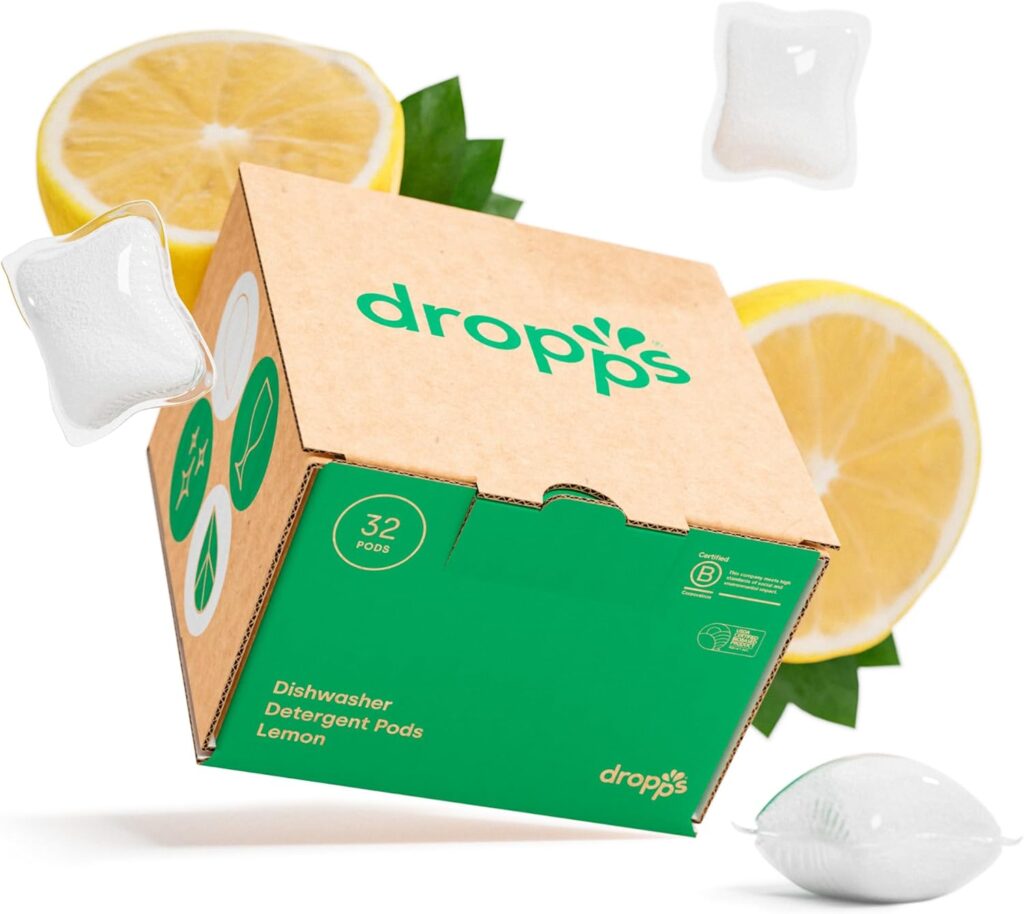 Dropps Dishwasher Detergent Pods: Lemon | 32 Count | Cuts Grease  Fights Stuck On Food | For Sparkling Glassware  Dishes | Low Waste Packaging