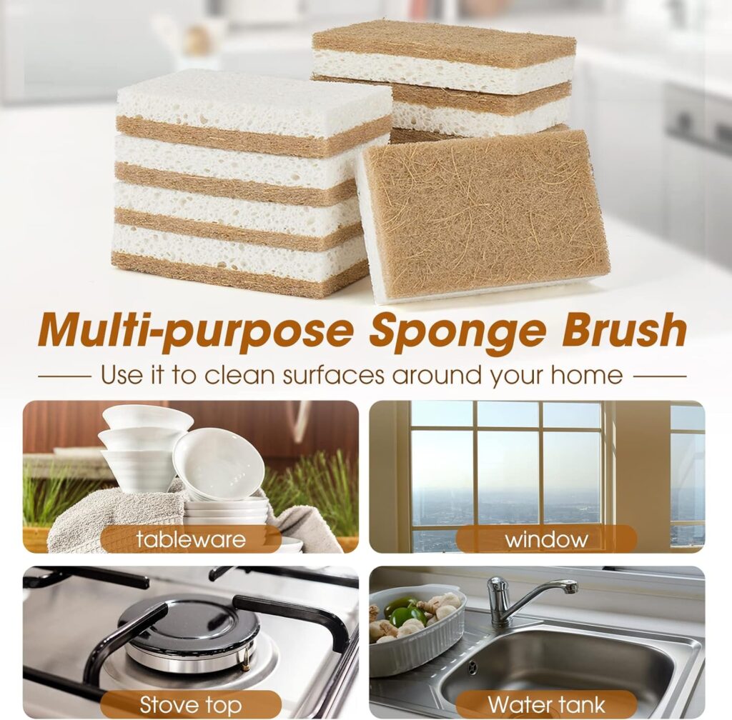 GREENTH PRO 10 Pack Nature Dish Sponge - Natural Kitchen Sponge - Eco Friendly Coconut Fiber and Wood Cellulose Scrubber Sponge