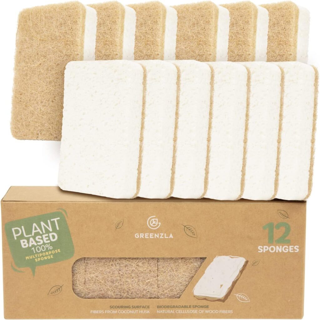 Greenzla Natural Kitchen Sponges 12 Pack - Plant-Based Biodegradable Sisal Hemp Dish Sponge - Eco-Friendly, Zero-Odor, Non-Scratch Scouring Pad for Kitchen Countertops, Bathtubs, Tiles, and More