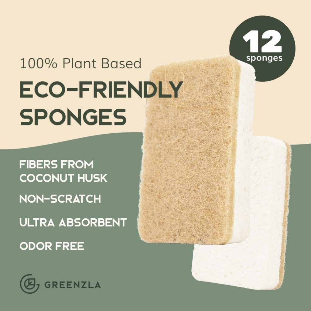 Greenzla Natural Kitchen Sponges 12 Pack - Plant-Based Biodegradable Sisal Hemp Dish Sponge - Eco-Friendly, Zero-Odor, Non-Scratch Scouring Pad for Kitchen Countertops, Bathtubs, Tiles, and More
