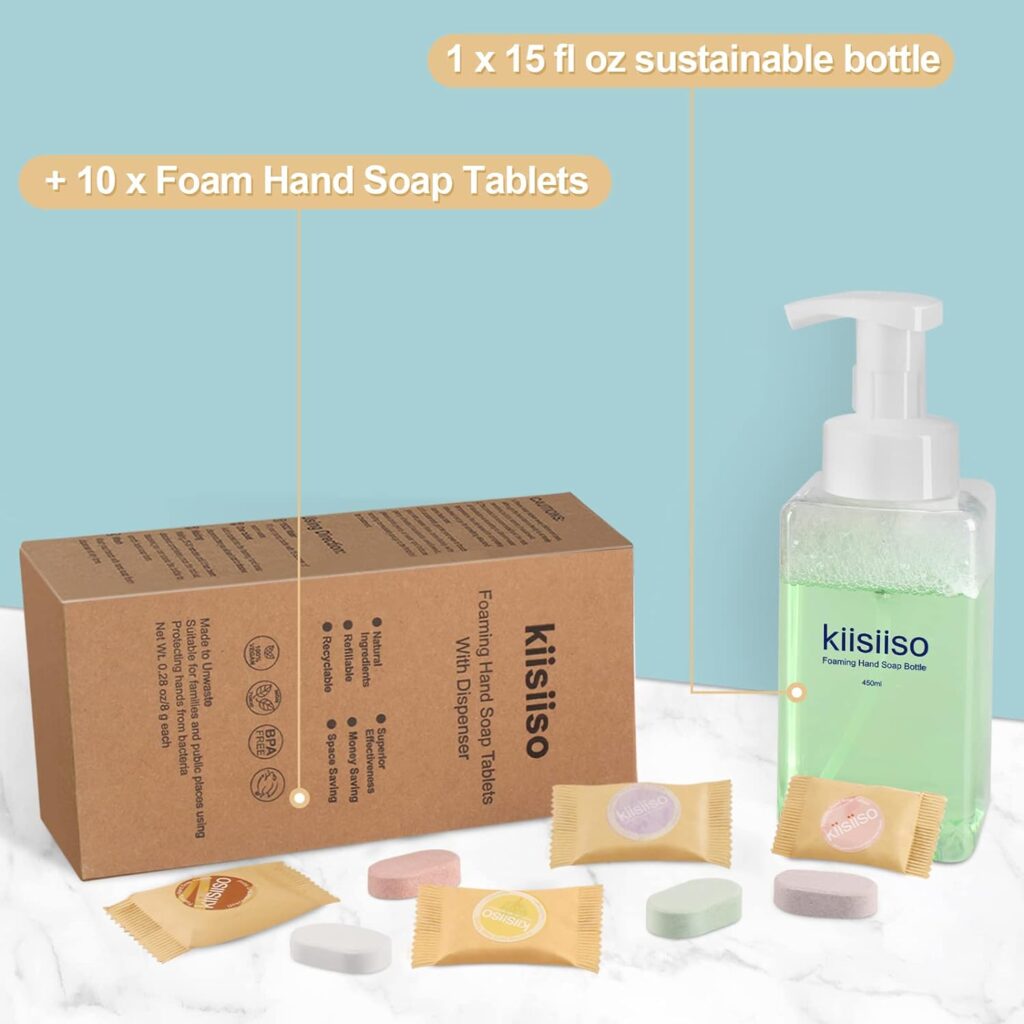 KIISIISO Hand Soap foam -1 Foaming Hand Wash Dispenser+10 Tablets Refill,Compostable Packaging,Fragrance Free Sustainable Cleaning Products,80 FL oz Total (Makes 10x 8 FL oz Bottles of Soap)