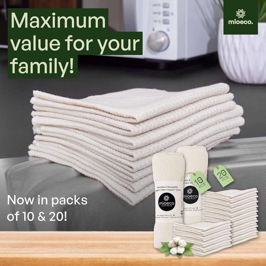mioeco 10 Pack Kitchen Paper Towels Washable - Super Absorbent Natural Paper Towels - Natural Cotton - Reusable, Paperless Kitchen Dish Cloths - 100% Organic Cotton Dish Towels