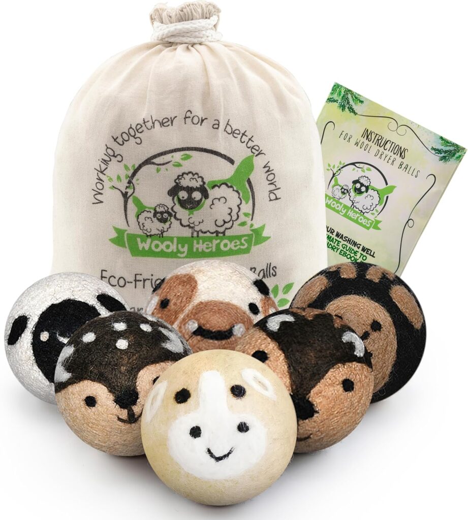 Wooly Heroes Wool Dryer Balls - Organic Eco Friendly - 6-Pack XL ~ Reusable Fabric Softener ~ with Free Natural Laundry eBook (Baby Cow Friends)