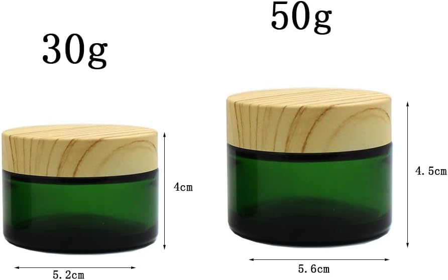 4Pack 50g Green Glass Cosmetic Cream Jars,Empty Sample Jars Containers Pot with Wood Grain Lids for Lotion,Cream,Lip Balm,Eye Cream,Scrubs Creams,Oils Salves,Ointments(Green)