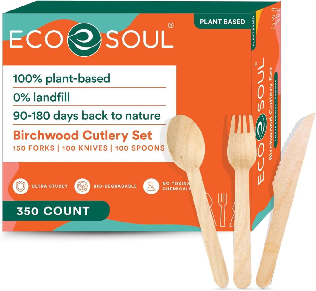 ECO SOUL 100% Compostable Cutlery [175-Pack] Disposable Wooden Cutlery Set I 100% Natural, Sturdy, Eco-friendly, Utensils Set I Biodegradable (75 Fork,50 Spoon, 50 Knife)