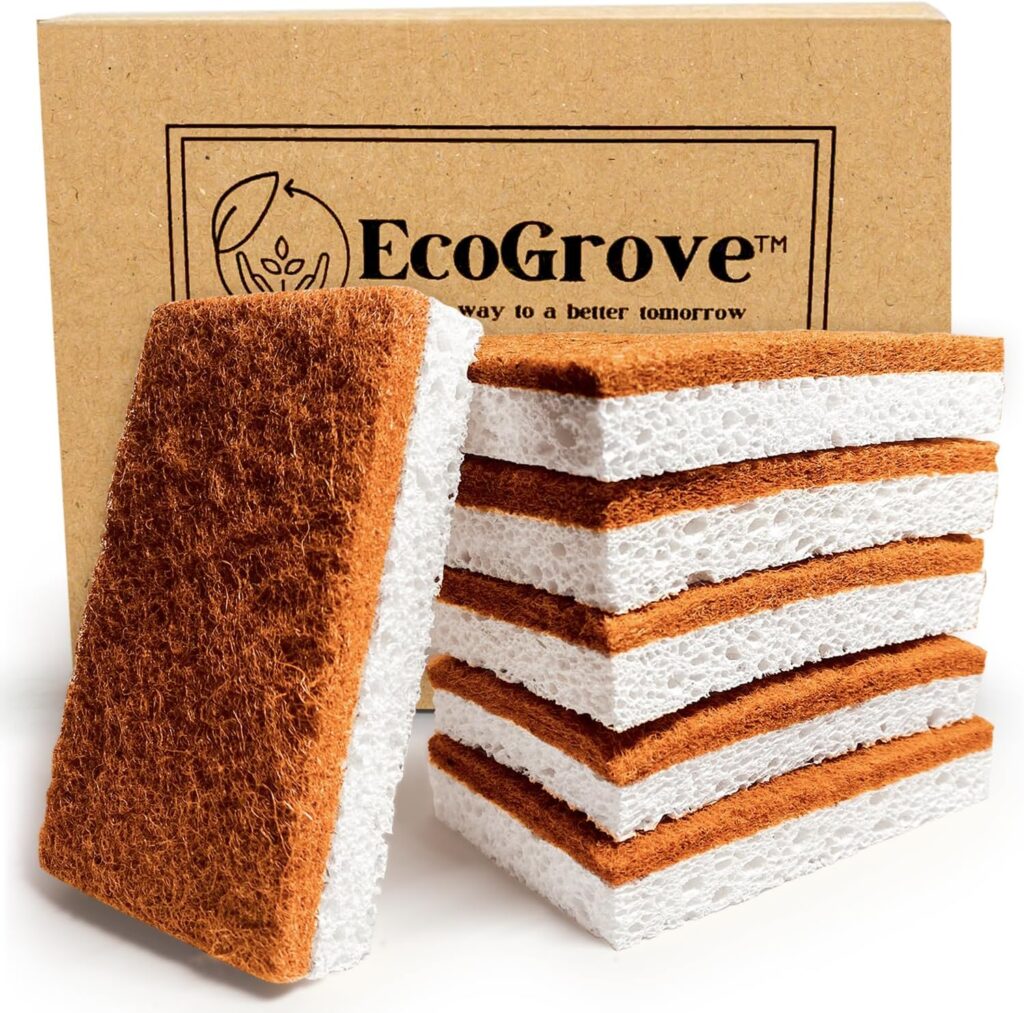 EcoGrove™ Premium 6-Pack | Biodegradable Natural Kitchen Dish Sponge | Vegan Plant-Based All-Natural | Non-Scratch Coconut Husk Wood Cellulose sponges | Eco-Friendly Organic