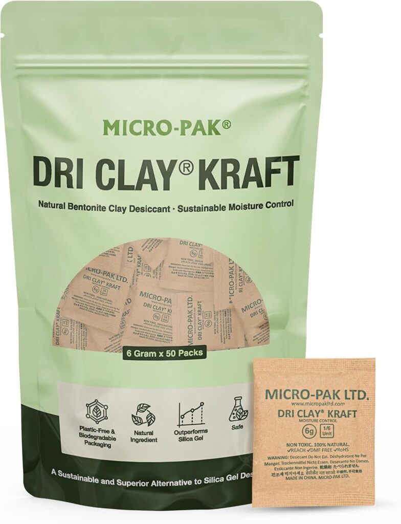 Micro-Pak Dri Clay Kraft - Desiccant Packs for Storage – Bentonite Clay Desiccant for Sustainable Moisture Control – Safe Desiccant Pack for Food Storage, Closet, Safe, Garment, Shoes (6gram x 50pcs)