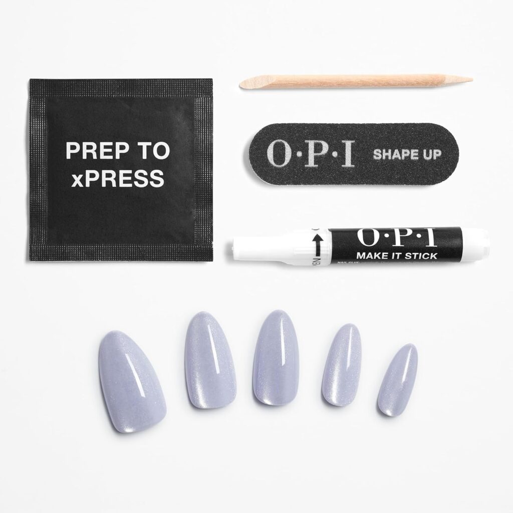 OPI xPRESS/ON Press On Nails, Up to 14 Days of Gel-Like Salon Manicure, Vegan, Sustainable Packaging, With Nail Glue, Long White Velvet Almond Shape Nails, Glass Slipper