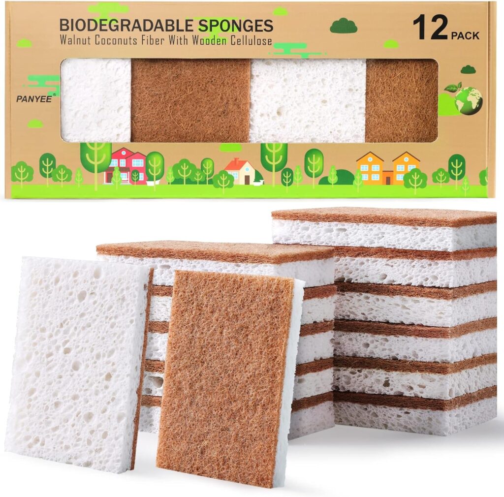 PANYEE Biodegradable Natural Kitchen Sponge，Eco Friendly Sponges for Dishes,Compostable Cellulose Sponge with Natural Plant Based Coconut Walnut Sustainable Scrubber Sponge Pack of 12