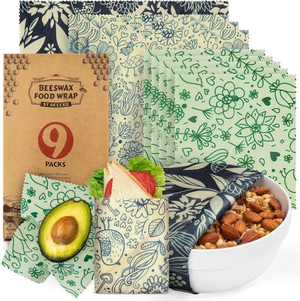 Reusable Food Wraps w/Beeswax Assorted 9 Packs - Eco-Friendly Reusable Wraps, Biodegradable, Zero Waste, Organic, Sustainable, Plastic-Free Food Storage, 5S, 3M, 1L w/Flowers and Birds Pattern