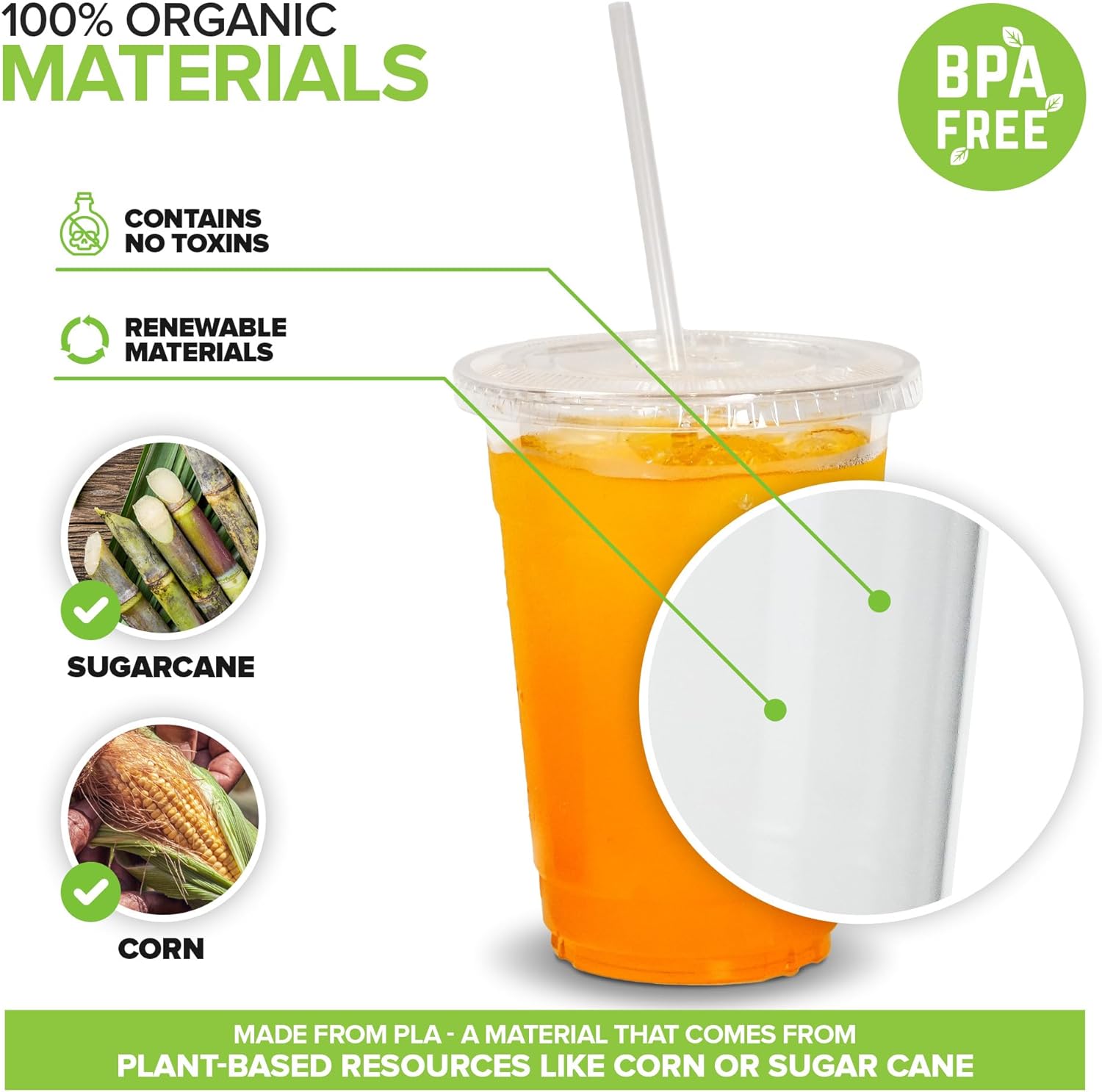 stock your home 16 oz clear compostable cups with lids and straws set of 50 plant based biodegradable cold cups no plast 1