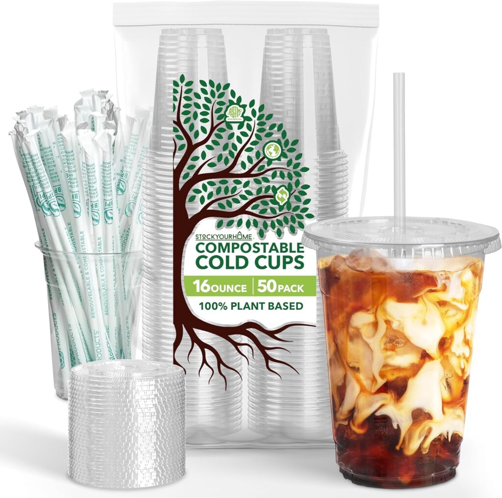 Stock Your Home 16 oz Clear Compostable Cups with Lids and Straws (Set of 50) Plant Based Biodegradable Cold Cups No Plastic Eco Party Cup, Environmentally Friendly Recyclable Disposable Sustainable