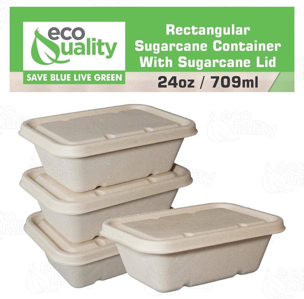 24oz Disposable Bowls with Fiber Lids - Rectangular Compostable Sugarcane Fiber Biodegradable Paper Bowls Eco-Friendly Take Out Food Storage Containers, Microwave Safe, Meal Prep (25 PACK)