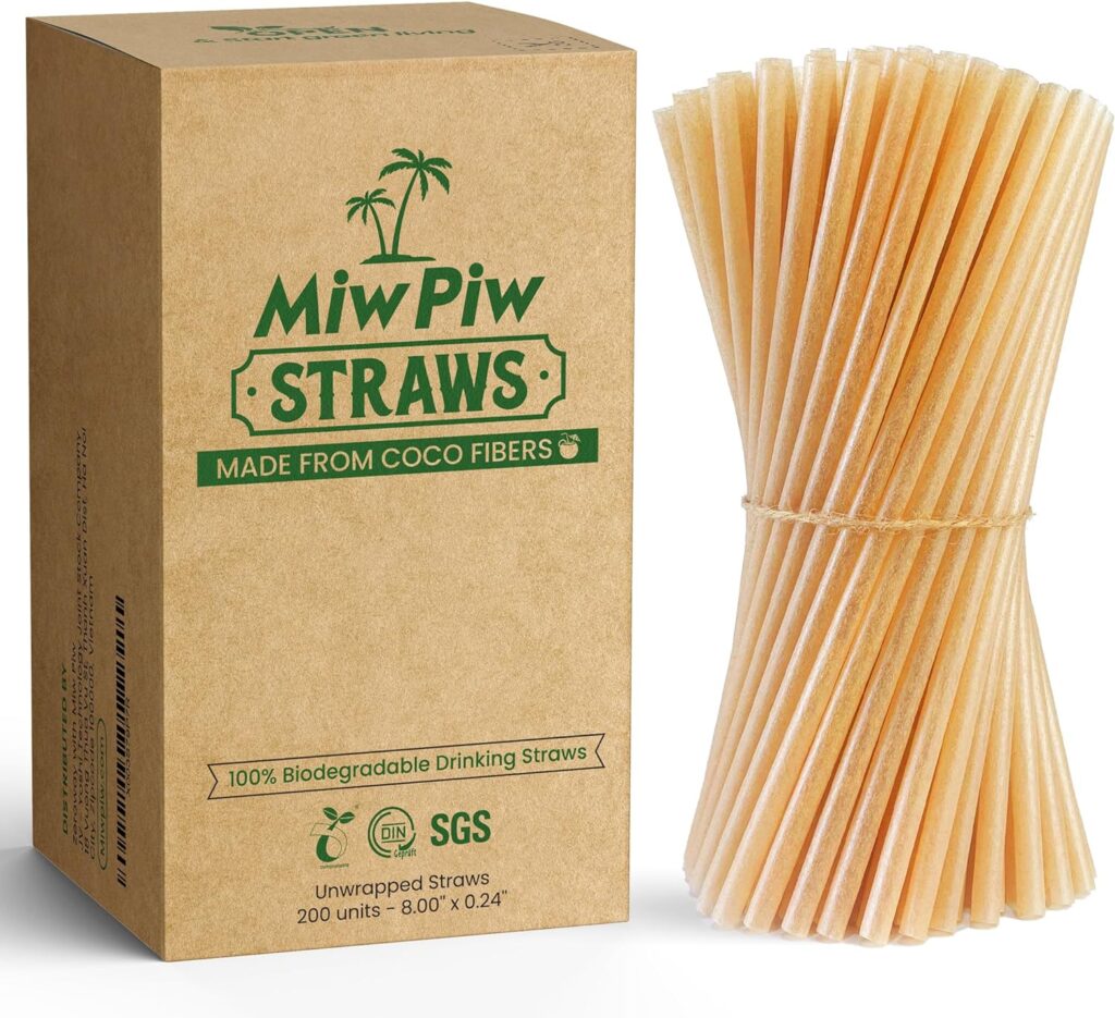 Biodegradable Coconut Straws - 200 Pieces Disposable, Plastic Free, Ecofriendly Coco Fiber Drinking Straws Bulk for Cold and Hot Beverages, Cocktail and Restaurant