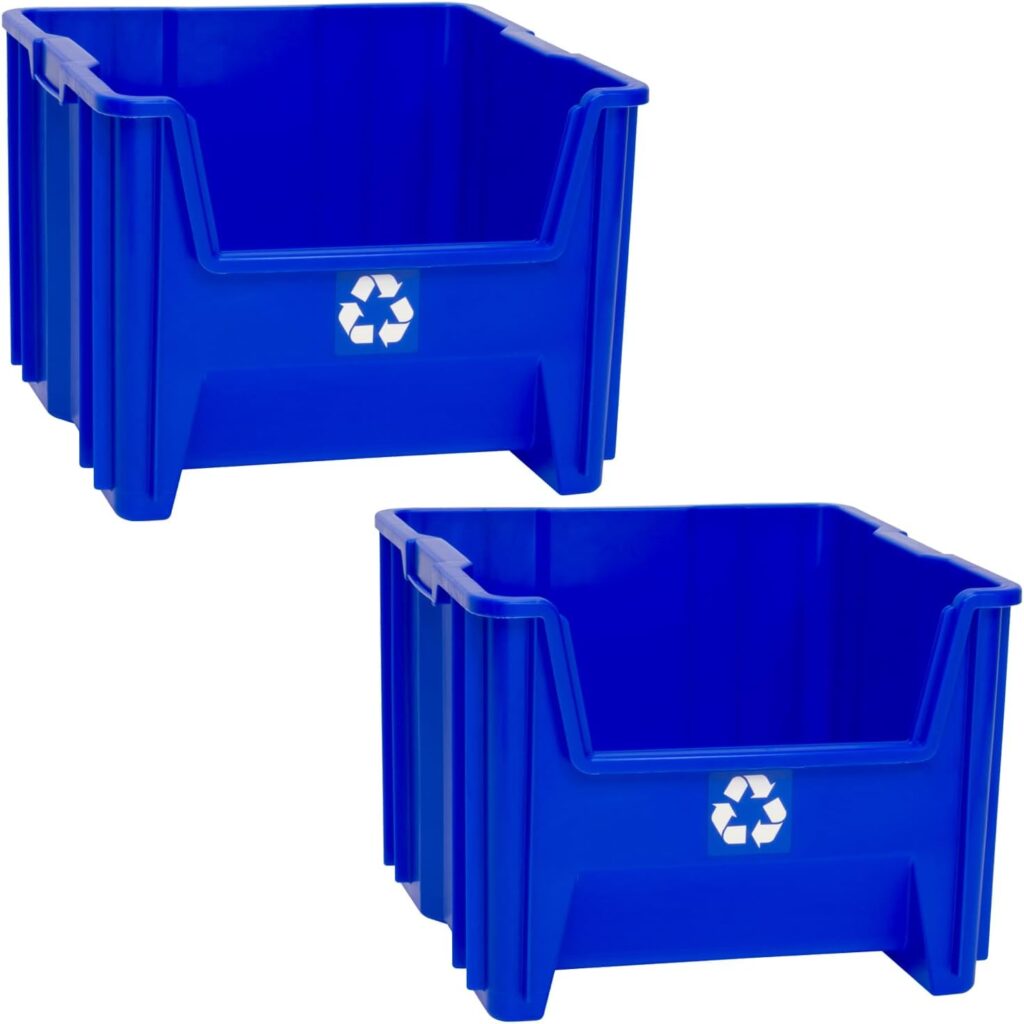 Commercial Industrial Heavy Duty Stackable Open-Front Recycling Bin Box Containers, 12 Gallon, 2 Pack, Blue