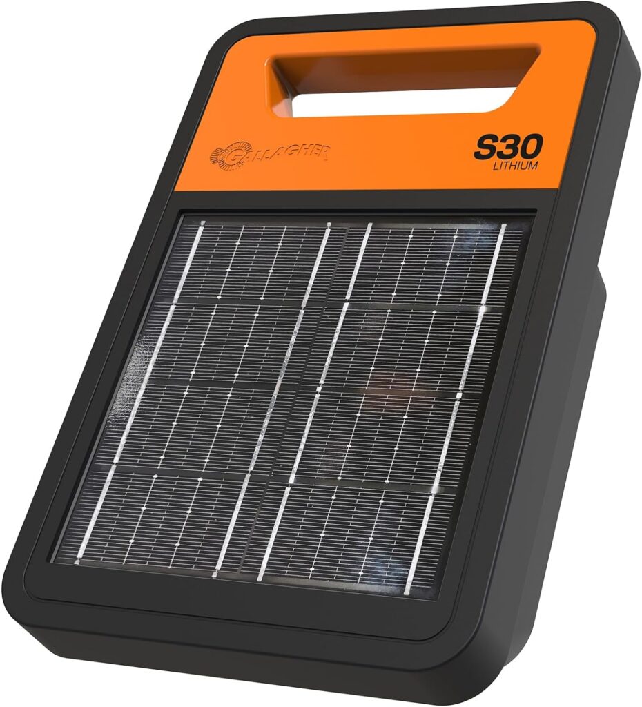 Gallagher S30 Solar Electric Fence Charger - 20 Miles/60 Acres - Efficient Solar Electric Fence Energizer Panel - Lithium Battery - 0.3 Stored Joule - Adaptive Energy Control, for Livestock Wildlife