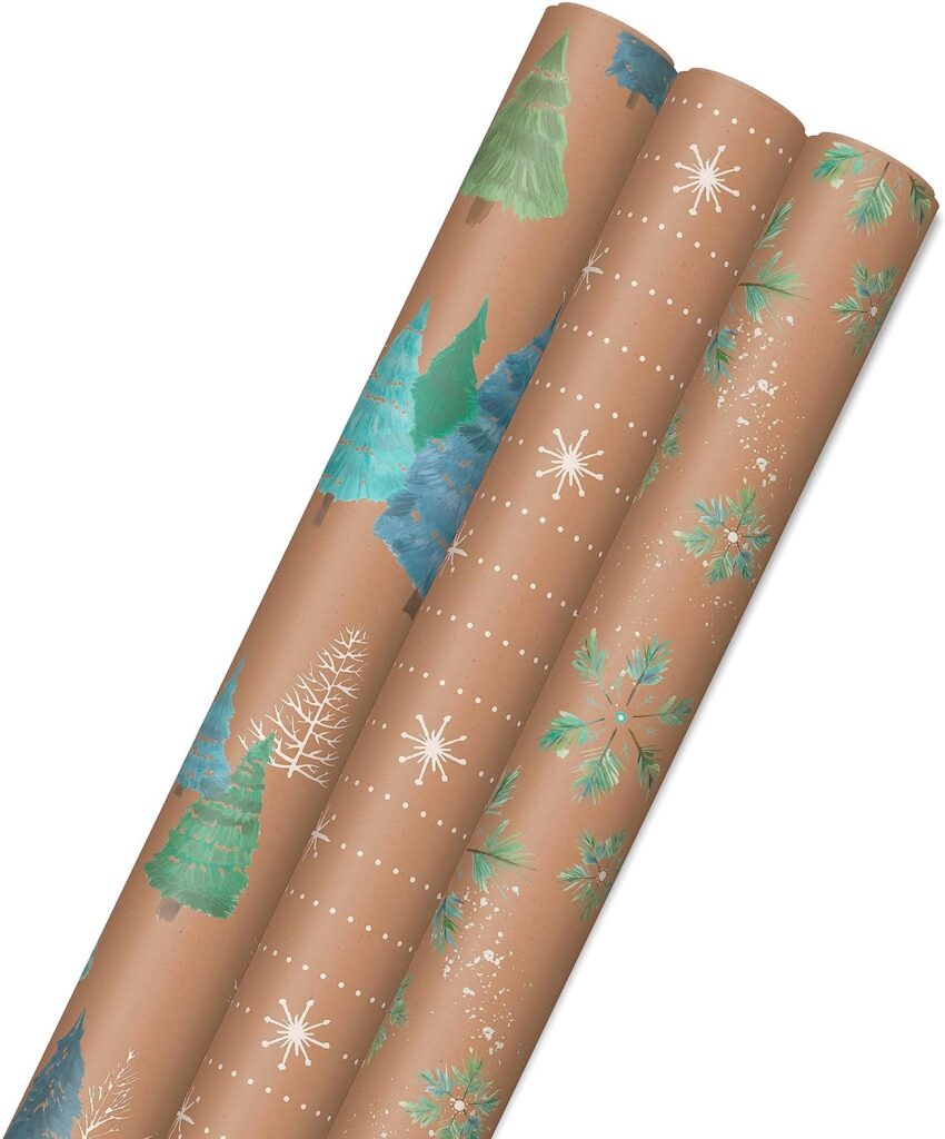 Hallmark Kraft Tri-Pack with Cut Lines on Reverse (3 Rolls: 90 sq. ft. ttl) Wintry Nature: White Snowflakes, Blue and Green Foliage, Trees