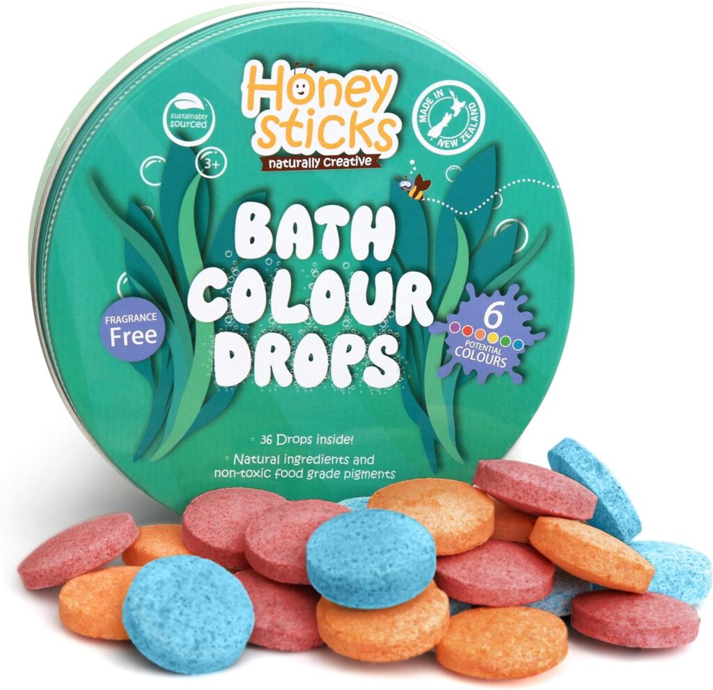Honeysticks Bath Color Tablets for Kids - Non Toxic Bathtub Drops Made with Natural Ingredients and Food Grade Color - Fragrance Free - Fizzy, Brightly Colored Bathtime Fun, Great Gift - 36 Drops