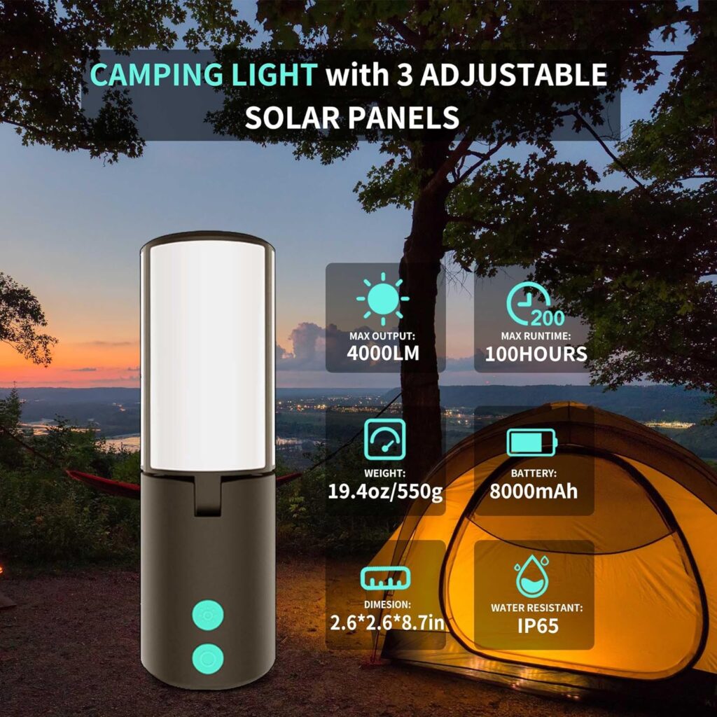 JINHODY Camping Lantern, 8000mAh Rechargeable, LED Lantern for Power Outages, 4000LM Solar Lantern Camping Lights for Hanging Tent, Indoor Outdoor Home Emergency, USB Charging, Flashlight, 3 Lighting