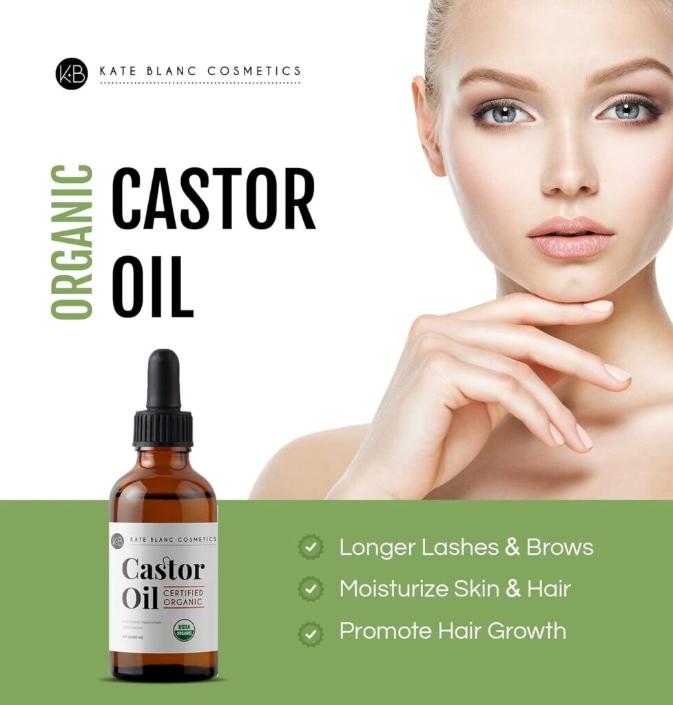 Kate Blanc Cosmetics Castor Oil (2oz), USDA Certified Organic, 100% Pure, Cold Pressed, Hexane Free Stimulate Growth for Eyelashes, Eyebrows, Hair. Skin Moisturizer Hair Treatment Starter Kit
