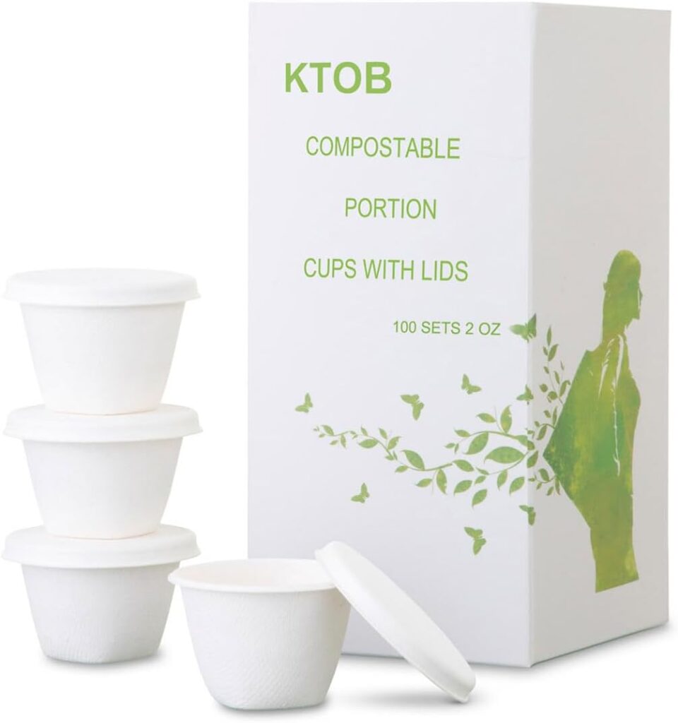 KTOB 100% Compostable 100 Sets 2 oz. Bagasse Containers with Lids,Condiment Jello Shot Cups,Eco Friendly Dipping Sauce and Salad Dressing Container,Disposable Mini Plastic Portion Souffle Cups