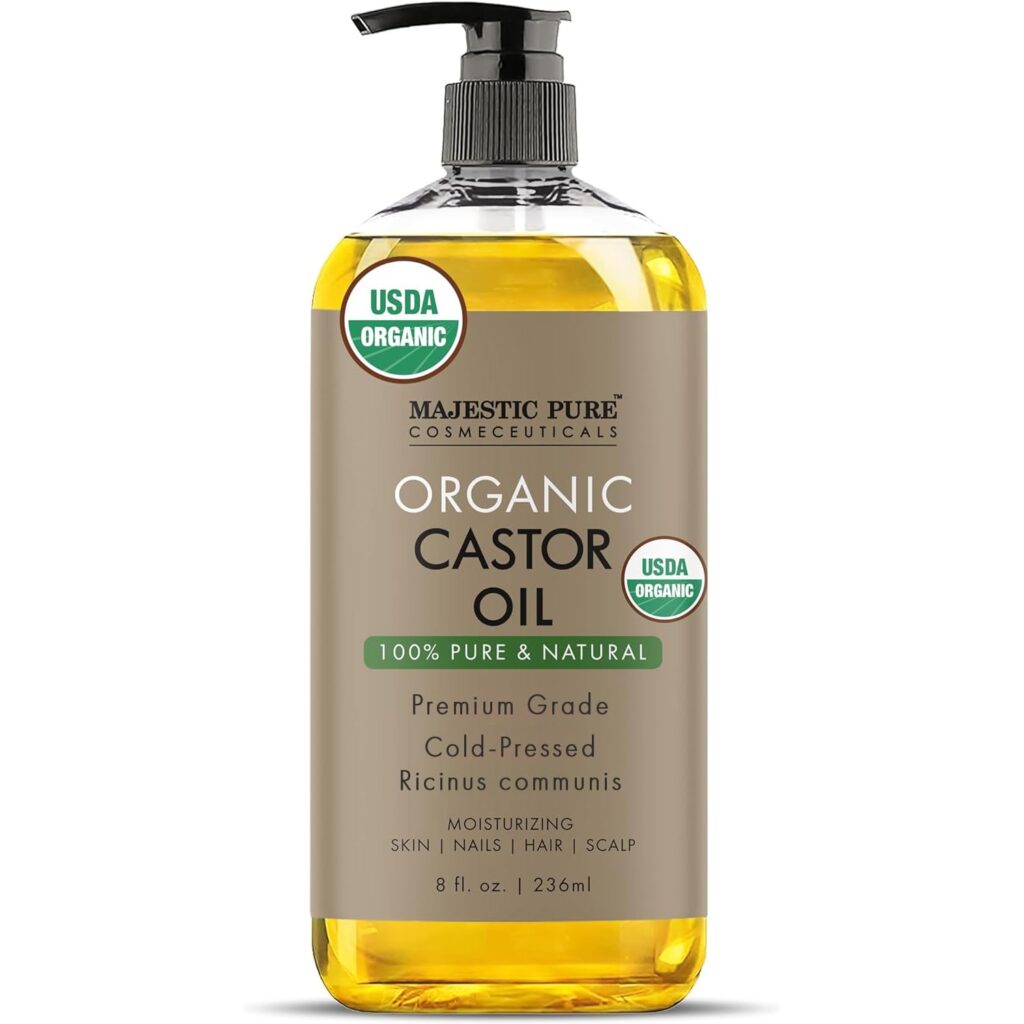 MAJESTIC PURE USDA Organic Castor Oil | Hexane Free 100% Pure | Cold Pressed | Stimulate Growth for Hair, Eyelashes, Eyebrows, Nails | Body, Hair Carrier Oil | 8oz