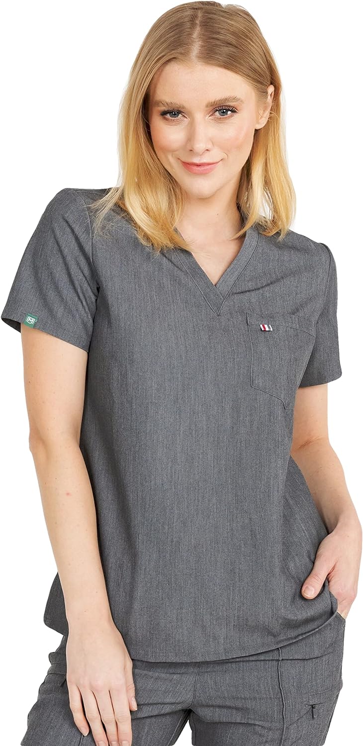 mediclo womens medical scrub top sal essential eco friendly sustainable fysel fabric v neck chest pocket shirt workwear 2